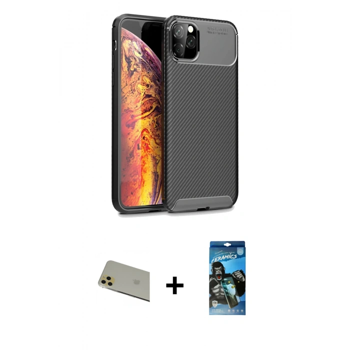 MARSİLYAN™- iPhone 11 Pro Max Kılıf Eksen Form Prime - Siyah 34D Izgaralı Cam + Rainbow Kamera Lens Koruma Cam - GD