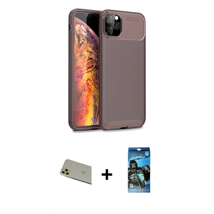 MARSİLYAN™- iPhone 11 Pro Max Kılıf Eksen Form Prime - Siyah 34D Izgaralı Cam + Rainbow Kamera Lens Koruma Cam - GD