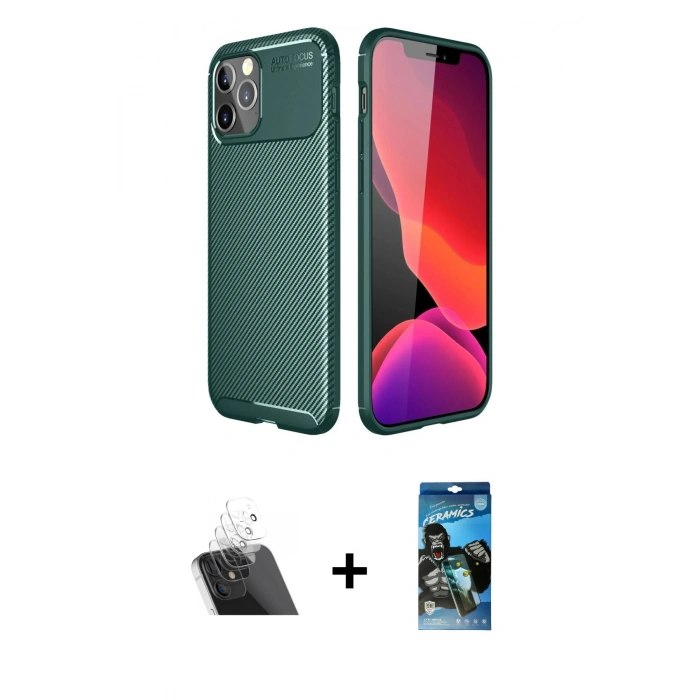 MARSİLYAN™- iPhone 11 Pro Max Kılıf Eksen Form Prime - Siyah 34D Izgaralı Cam + Şeffaf Kamera Lens Koruma Cam