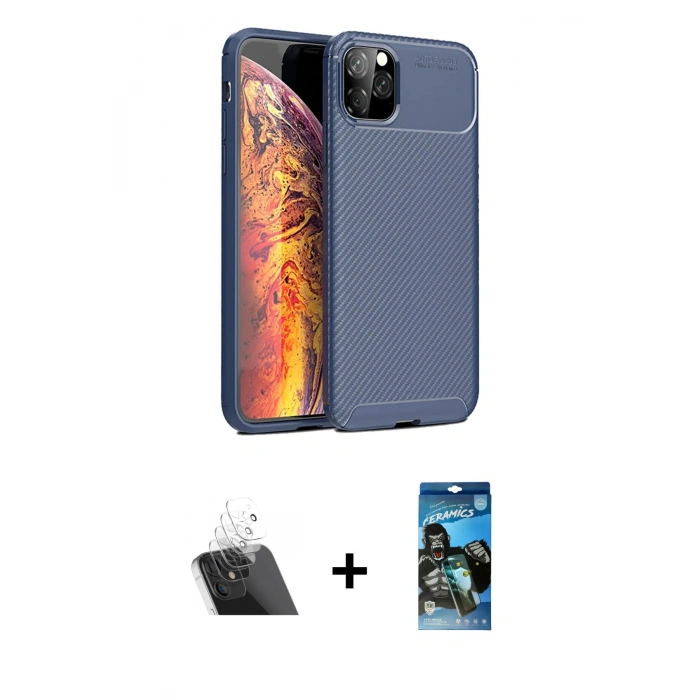 MARSİLYAN™- iPhone 11 Pro Max Kılıf Eksen Form Prime - Siyah 34D Izgaralı Cam + Şeffaf Kamera Lens Koruma Cam
