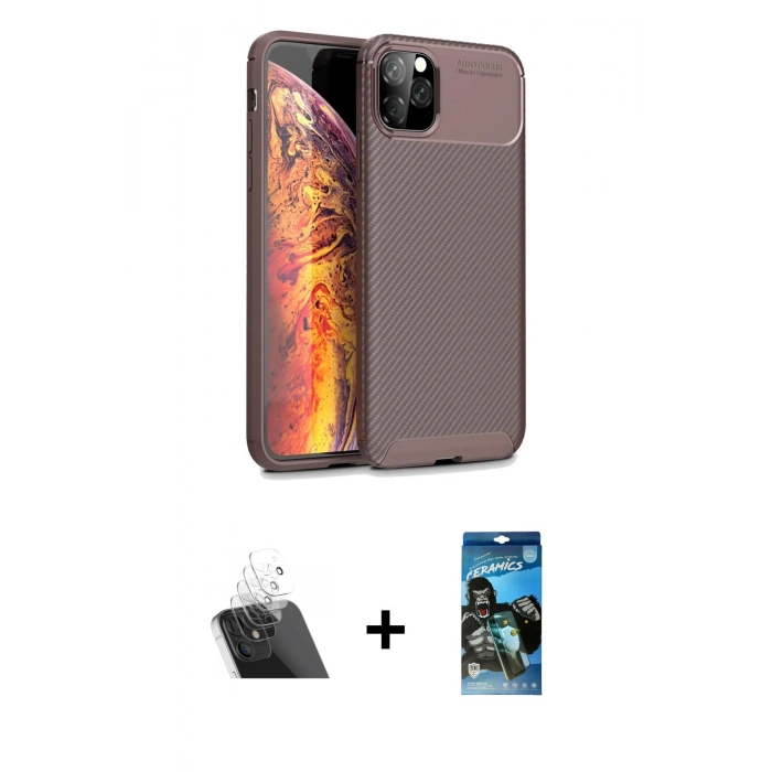 MARSİLYAN™- iPhone 11 Pro Max Kılıf Eksen Form Prime - Siyah 34D Izgaralı Cam + Şeffaf Kamera Lens Koruma Cam