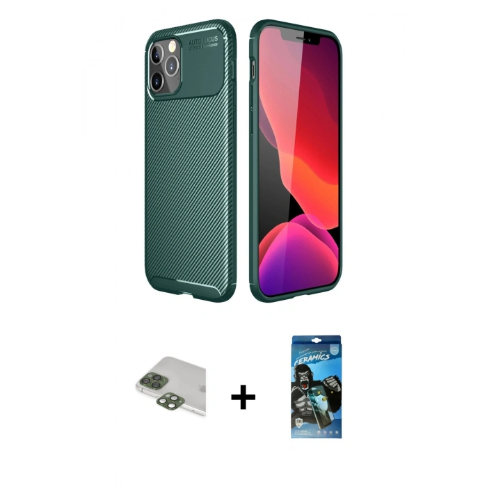 MARSİLYAN™- iPhone 11 Pro Max Kılıf Eksen Form Prime - Siyah 34D Izgaralı Cam + Yeşil Pers Alüminyum Kamera Lens