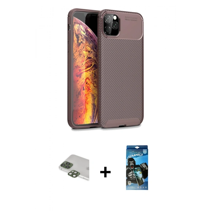 MARSİLYAN™- iPhone 11 Pro Max Kılıf Eksen Form Prime - Siyah 34D Izgaralı Cam + Yeşil Pers Alüminyum Kamera Lens