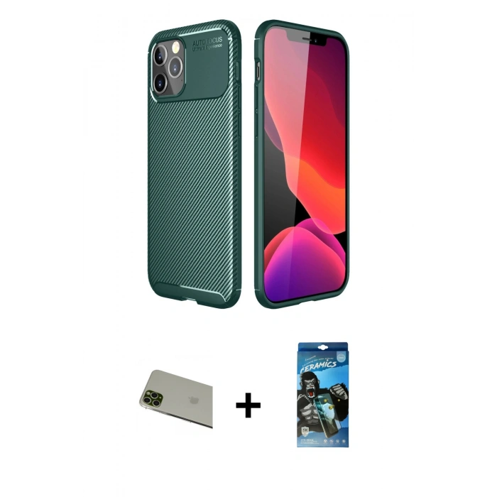 MARSİLYAN™- iPhone 11 Pro Max Kılıf Eksen Form Prime - Siyah 34D Izgaralı Cam + Yeşil Rainbow Kamera Lens Koruma Cam