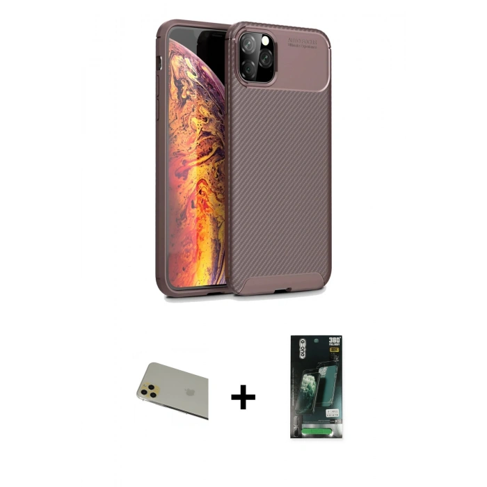 MARSİLYAN™- iPhone 11 Pro Max Kılıf Eksen Form Prime - Siyah 360 Mat Full Body Arka Koruyucu + Gold Rainbow Kamera Lens Koruma Cam