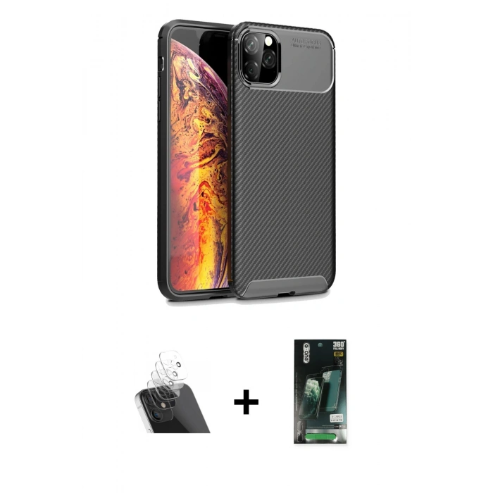 MARSİLYAN™- iPhone 11 Pro Max Kılıf Eksen Form Prime - Siyah 360 Mat Full Body Arka Koruyucu + Kamera Lens Koruma Cam - SF