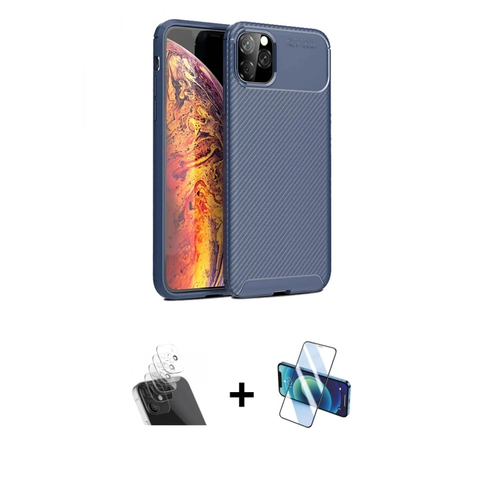 MARSİLYAN™- iPhone 11 Pro Max Kılıf Eksen Form Prime - Siyah 3D Antistatik Cam Ekran Koruyucu + Kamera Lens Koruma Cam - SF