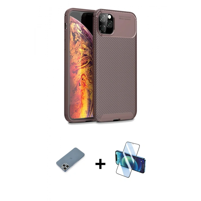 MARSİLYAN™- iPhone 11 Pro Max Kılıf Eksen Form Prime - Siyah 3D Antistatik Cam Ekran Koruyucu + Metal Kamera Lens Koruma Cam - GS