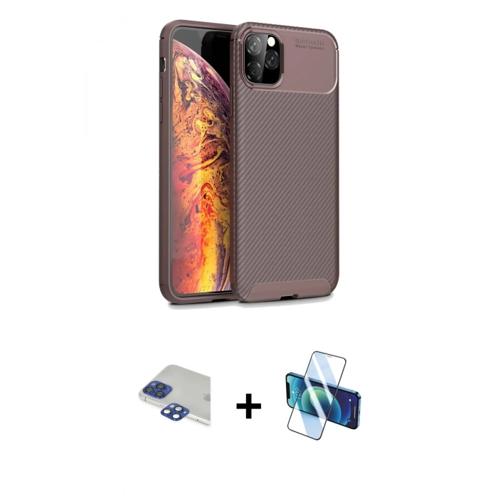 MARSİLYAN™- iPhone 11 Pro Max Kılıf Eksen Form Prime - Siyah 3D Antistatik Cam Ekran Koruyucu + Pers Alüminyum Kamera Lens - LT