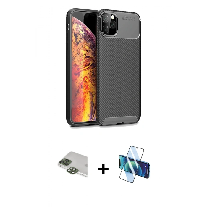 MARSİLYAN™- iPhone 11 Pro Max Kılıf Eksen Form Prime - Siyah 3D Antistatik Cam Ekran Koruyucu + Pers Alüminyum Kamera Lens - YL