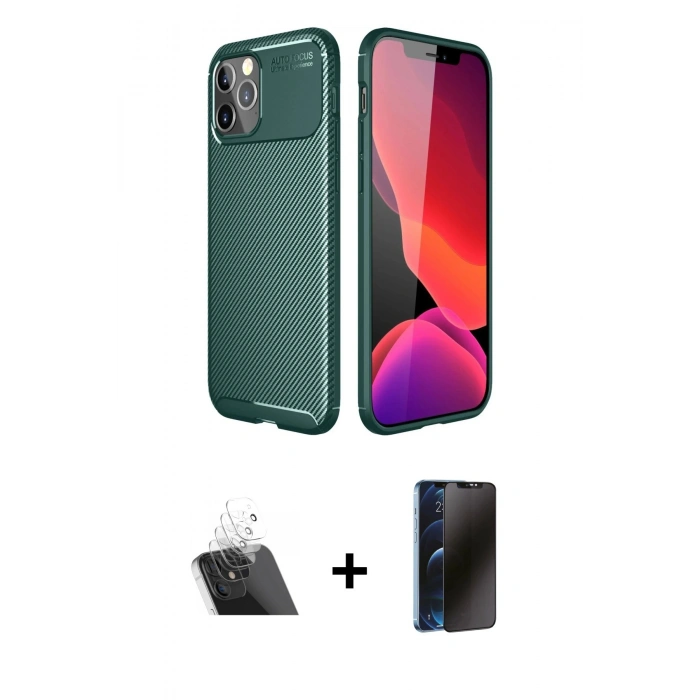 MARSİLYAN™- iPhone 11 Pro Max Kılıf Eksen Form Prime - Siyah 3D Antistatik Hayalet Cam Ekran Koruyucu + Kamera Lens Koruma Cam - SF