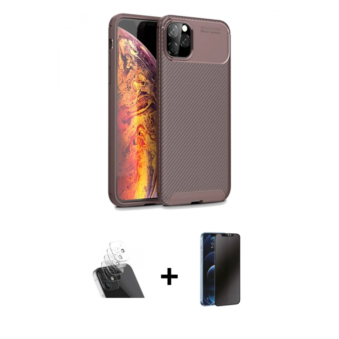 MARSİLYAN™- iPhone 11 Pro Max Kılıf Eksen Form Prime - Siyah 3D Antistatik Hayalet Cam Ekran Koruyucu + Kamera Lens Koruma Cam - SF