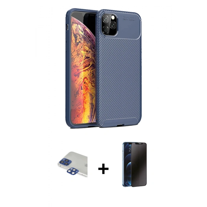 MARSİLYAN™- iPhone 11 Pro Max Kılıf Eksen Form Prime - Siyah 3D Antistatik Hayalet Cam Ekran Koruyucu + Pers Alüminyum Kamera Lens - LT