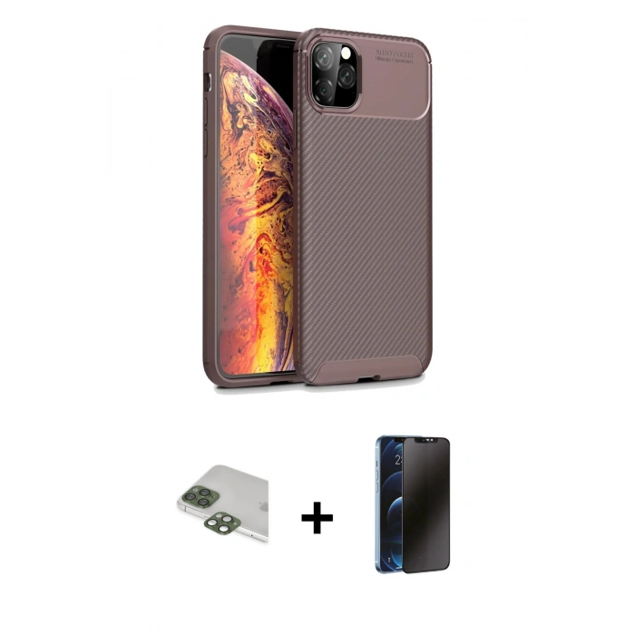 MARSİLYAN™- iPhone 11 Pro Max Kılıf Eksen Form Prime - Siyah 3D Antistatik Hayalet Cam Ekran Koruyucu + Pers Alüminyum Kamera Lens - YL