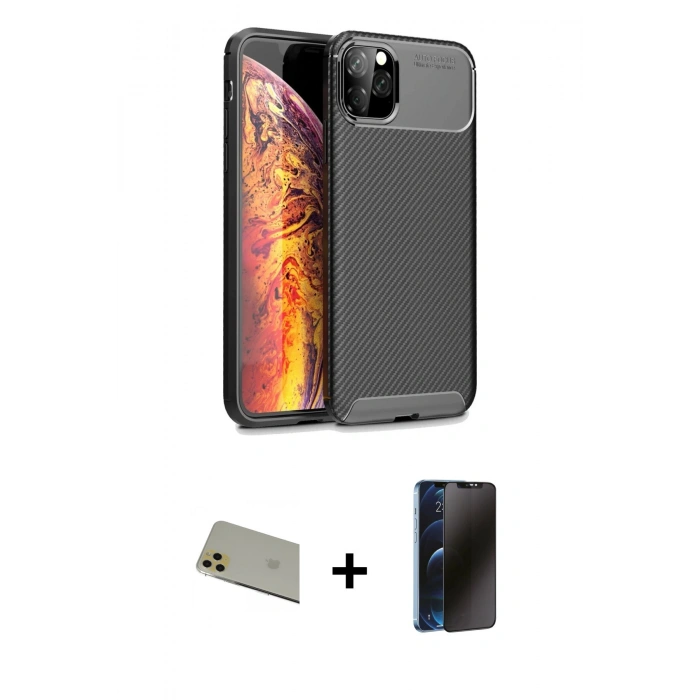 MARSİLYAN™- iPhone 11 Pro Max Kılıf Eksen Form Prime - Siyah 3D Antistatik Hayalet Cam Ekran Koruyucu + Rainbow Kamera Lens Koruma Cam - GD