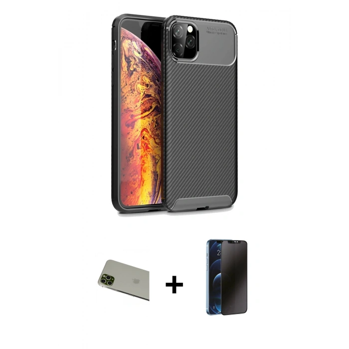 MARSİLYAN™- iPhone 11 Pro Max Kılıf Eksen Form Prime - Siyah 3D Antistatik Hayalet Cam Ekran Koruyucu + Yeşil Rainbow Kamera Lens Koruma Cam