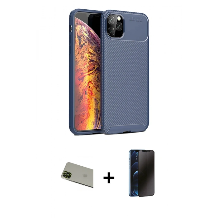 MARSİLYAN™- iPhone 11 Pro Max Kılıf Eksen Form Prime - Siyah 3D Antistatik Hayalet Cam Ekran Koruyucu + Yeşil Rainbow Kamera Lens Koruma Cam