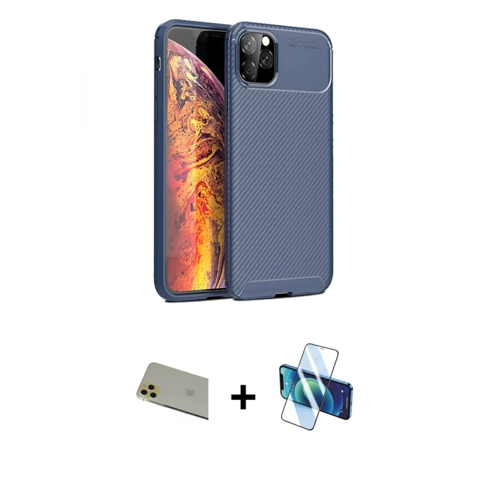 MARSİLYAN™- iPhone 11 Pro Max Kılıf Eksen Form Prime - Siyah 3D Antistatik Seramik Nano Ekran Koruyucu + Rainbow Kamera Lens Koruma Cam - GD