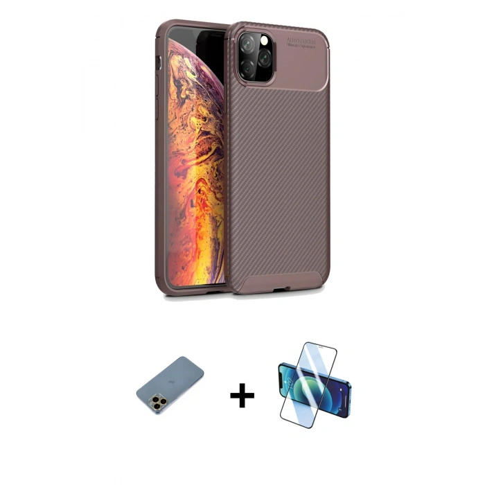 MARSİLYAN™- iPhone 11 Pro Max Kılıf Eksen Form Prime - Siyah 3D Antistatik Seramik Nano Ekran Koruyucu + Shine Kamera Lens Koruma Cam - GD