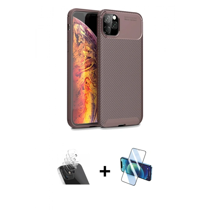 MARSİLYAN™- iPhone 11 Pro Max Kılıf Eksen Form Prime - Siyah 3D Antistatik Seramik Nano Ekran Koruyucu + Kamera Lens Koruma Cam - SF