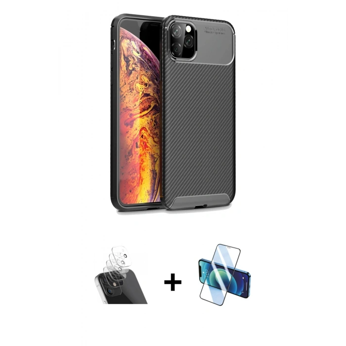 MARSİLYAN™- iPhone 11 Pro Max Kılıf Eksen Form Prime - Siyah 3D Antistatik Seramik Nano Ekran Koruyucu + Kamera Lens Koruma Cam - SF