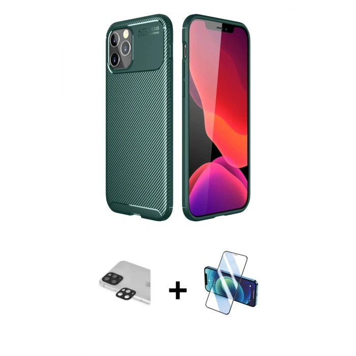 MARSİLYAN™- iPhone 11 Pro Max Kılıf Eksen Form Prime - Siyah 3D Antistatik Seramik Nano Ekran Koruyucu + Pers Alüminyum Kamera Lens - SH