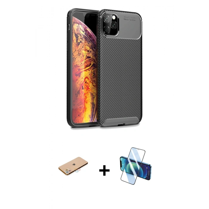 MARSİLYAN™- iPhone 11 Pro Max Kılıf Eksen Form Prime - Siyah 3D Antistatik Seramik Nano Ekran Koruyucu + Renkli Kamera Lens Koruma Cam - PE