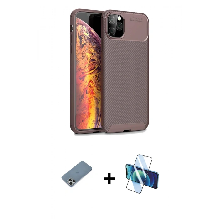 MARSİLYAN™- iPhone 11 Pro Max Kılıf Eksen Form Prime - Siyah 3D Antistatik Seramik Nano Ekran Koruyucu + Shine Kamera Lens Koruma Cam - GS