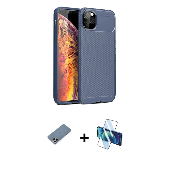 MARSİLYAN™- iPhone 11 Pro Max Kılıf Eksen Form Prime - Siyah 3D Antistatik Seramik Nano Ekran Koruyucu + Shine Kamera Lens Koruma Cam - GS