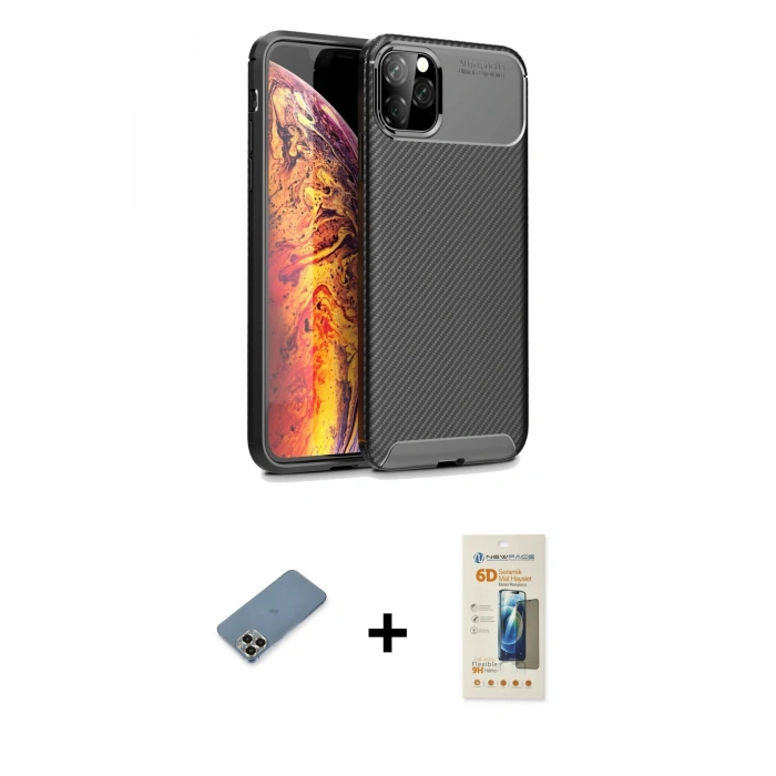 MARSİLYAN™- iPhone 11 Pro Max Kılıf Eksen Form Prime - Siyah 6D Mat Seramik Hayalet Nano Ekran Koruyucu + Metal Kamera Lens Koruma Cam - GD
