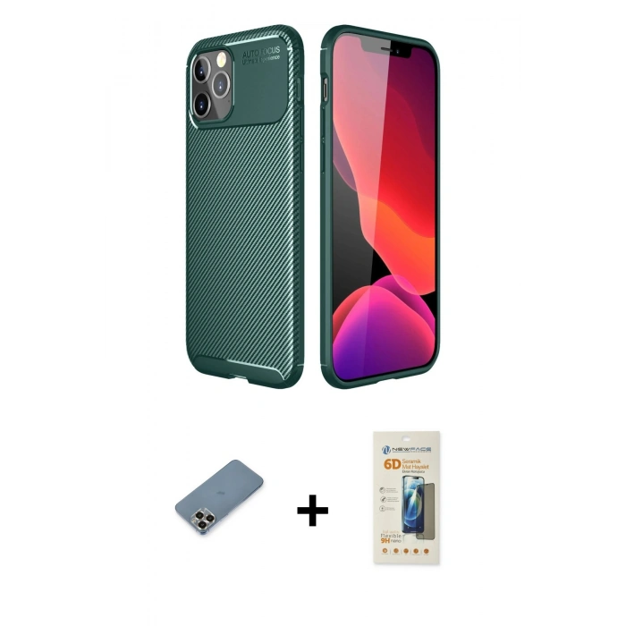 MARSİLYAN™- iPhone 11 Pro Max Kılıf Eksen Form Prime - Siyah 6D Mat Seramik Hayalet Nano Ekran Koruyucu + Metal Kamera Lens Koruma Cam - GD