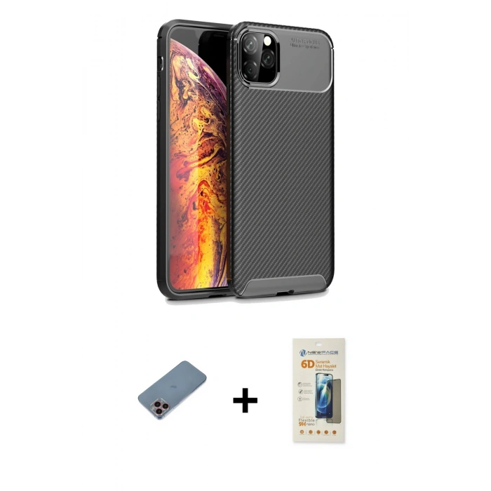 MARSİLYAN™- iPhone 11 Pro Max Kılıf Eksen Form Prime - Siyah 6D Mat Seramik Hayalet Nano Ekran Koruyucu + Shine Kamera Lens Koruma Cam - PE