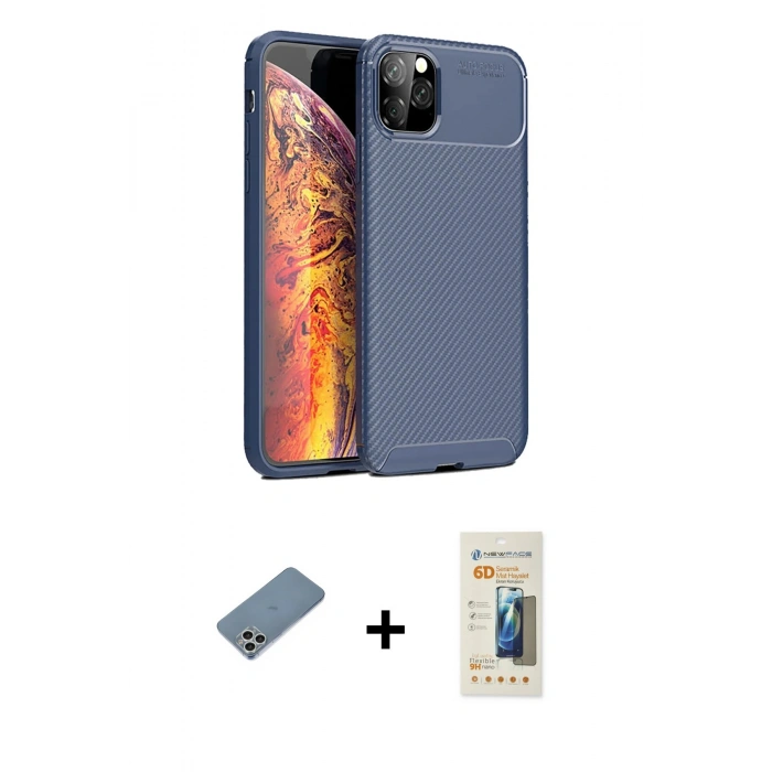 MARSİLYAN™- iPhone 11 Pro Max Kılıf Eksen Form Prime - Siyah 6D Mat Seramik Hayalet Nano Ekran Koruyucu + Shine Kamera Lens Koruma Cam - GS
