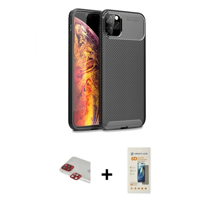 MARSİLYAN™- iPhone 11 Pro Max Kılıf Eksen Form Prime - Siyah 6D Mat Seramik Hayalet Nano Ekran Koruyucu + Pers Alüminyum Kamera Lens - KI