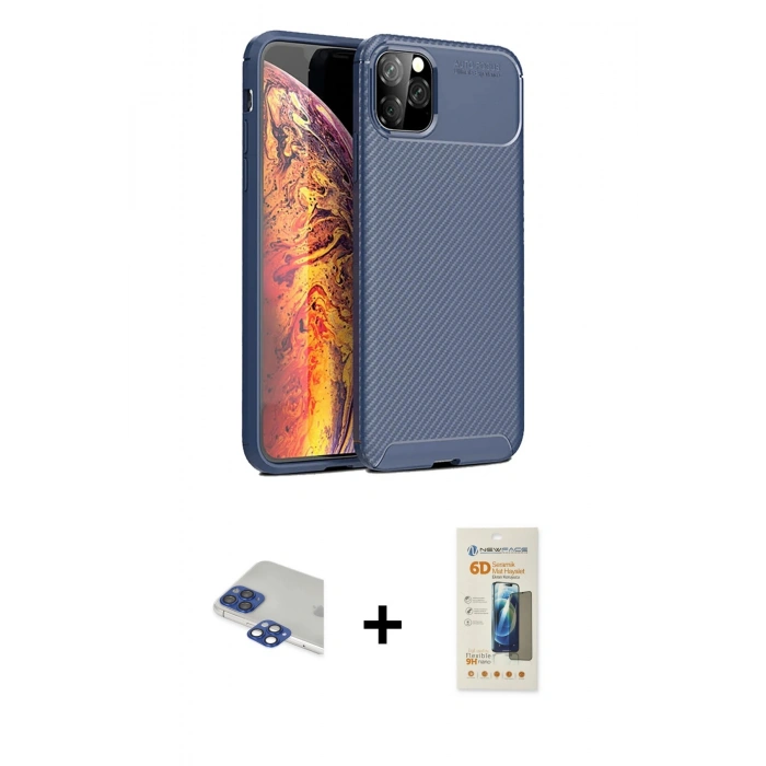 MARSİLYAN™- iPhone 11 Pro Max Kılıf Eksen Form Prime - Siyah 6D Mat Seramik Hayalet Nano Ekran Koruyucu + Lacivert Pers Alüminyum Kamera Lens