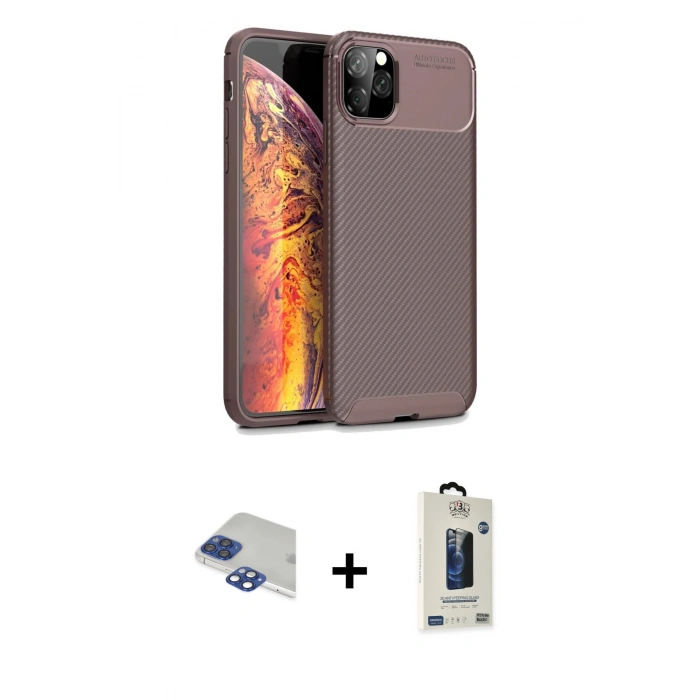 MARSİLYAN™- iPhone 11 Pro Max Kılıf Eksen Form Prime - Siyah Bilvis Hayalet Cam Ekran Koruyucu + Pers Alüminyum Kamera Lens - LT