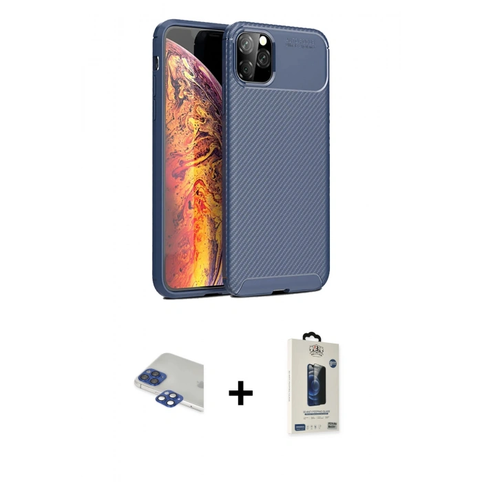 MARSİLYAN™- iPhone 11 Pro Max Kılıf Eksen Form Prime - Siyah Bilvis Hayalet Cam Ekran Koruyucu + Pers Alüminyum Kamera Lens - LT