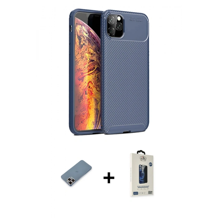 MARSİLYAN™- iPhone 11 Pro Max Kılıf Eksen Form Prime - Siyah Bilvis Hayalet Cam Ekran Koruyucu + Metal Kamera Lens Koruma Cam - MR