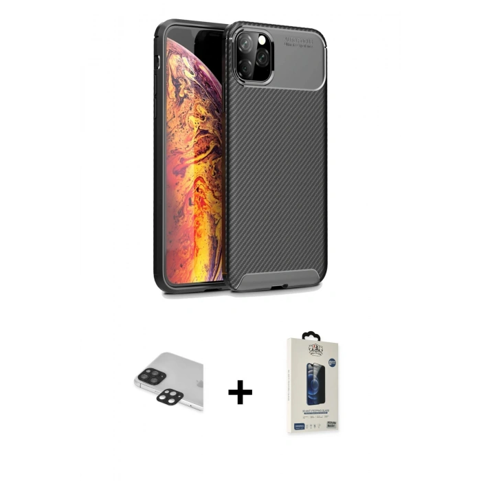 MARSİLYAN™- iPhone 11 Pro Max Kılıf Eksen Form Prime - Siyah Bilvis Hayalet Cam Ekran Koruyucu + Pers Alüminyum Kamera Lens - SH
