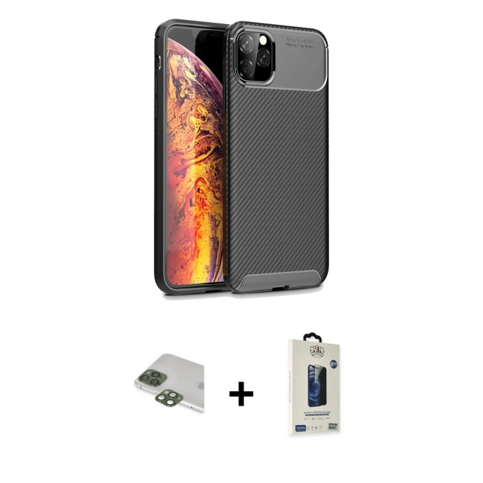 MARSİLYAN™- iPhone 11 Pro Max Kılıf Eksen Form Prime - Siyah Bilvis Hayalet Cam Ekran Koruyucu + Pers Alüminyum Kamera Lens - YL