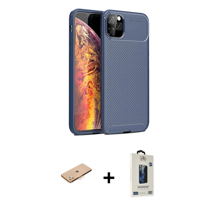 MARSİLYAN™- iPhone 11 Pro Max Kılıf Eksen Form Prime - Siyah Bilvis Hayalet Cam Ekran Koruyucu + Renkli Kamera Lens Koruma Cam - TU
