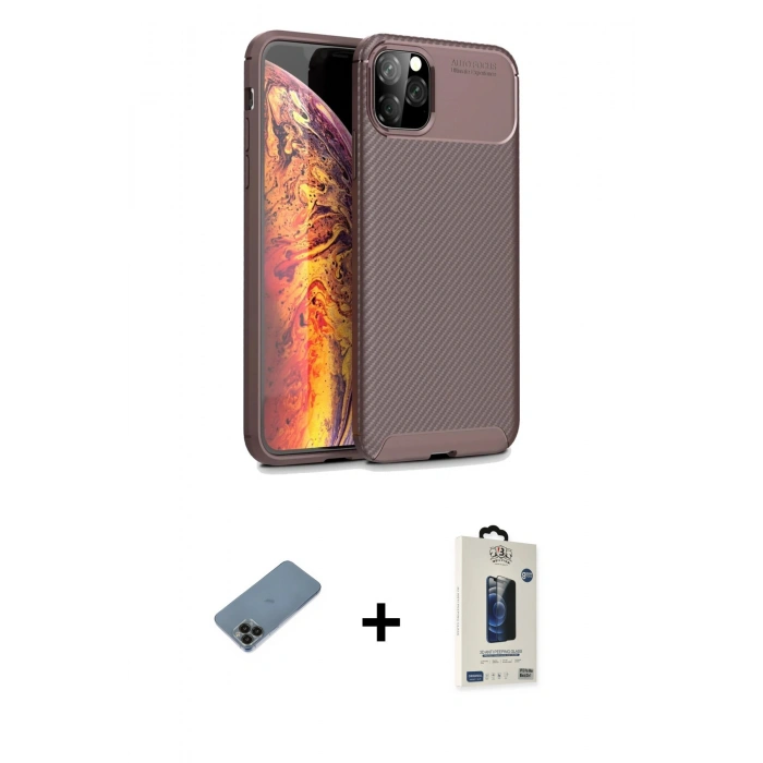 MARSİLYAN™- iPhone 11 Pro Max Kılıf Eksen Form Prime - Siyah Bilvis Hayalet Cam Ekran Koruyucu + Shine Kamera Lens Koruma Cam - SH