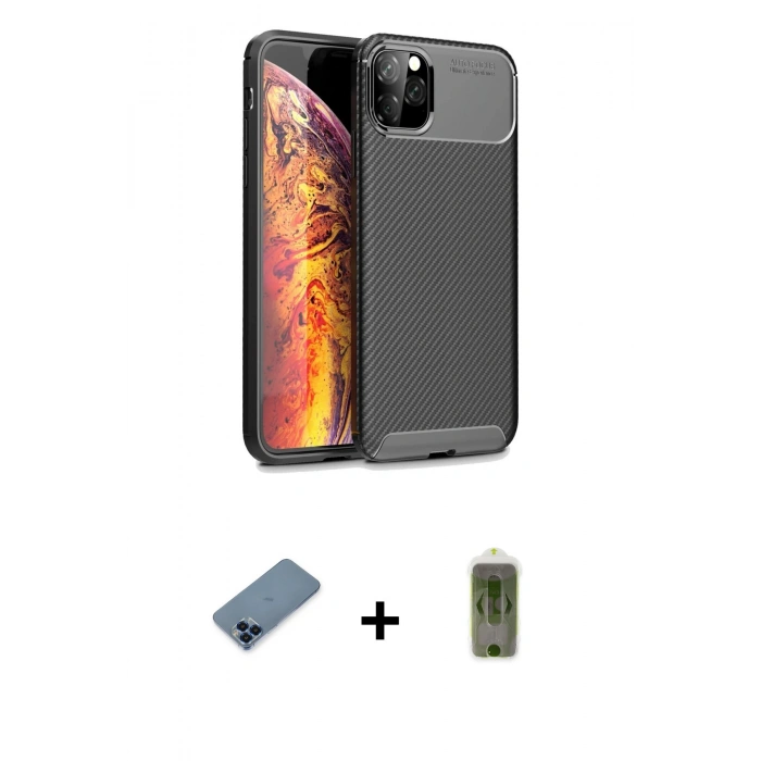 MARSİLYAN™- iPhone 11 Pro Max Kılıf Eksen Form Prime - Siyah Joko Magic 5D Hayalet Cam + Metal Kamera Lens Koruma Cam - MI