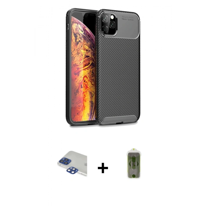 MARSİLYAN™- iPhone 11 Pro Max Kılıf Eksen Form Prime - Siyah Joko Magic 5D Hayalet Cam + Pers Alüminyum Kamera Lens - LT