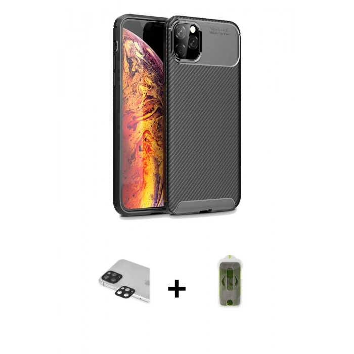 MARSİLYAN™- iPhone 11 Pro Max Kılıf Eksen Form Prime - Siyah Joko Magic 5D Hayalet Cam + Pers Alüminyum Kamera Lens - SH