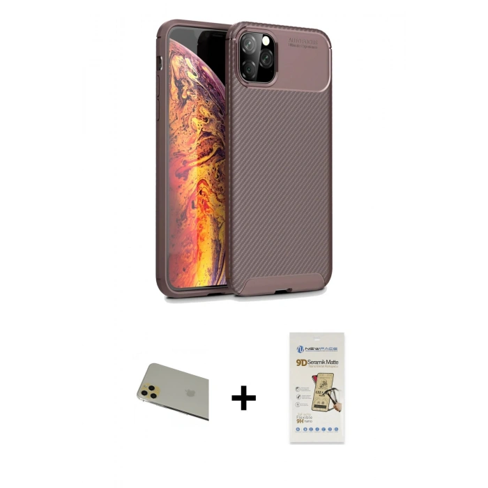 MARSİLYAN™- iPhone 11 Pro Max Kılıf Eksen Form Prime - Siyah Mat Seramik Nano Ekran Koruyucu + Gold Rainbow Kamera Lens Koruma Cam