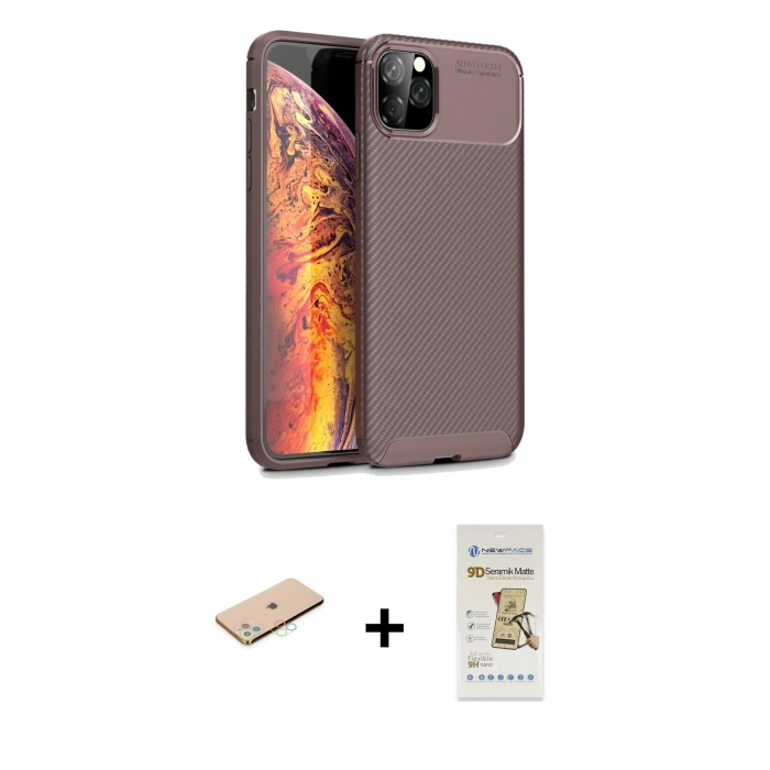 MARSİLYAN™- iPhone 11 Pro Max Kılıf Eksen Form Prime - Siyah Mat Seramik Nano Ekran Koruyucu + Renkli Kamera Lens Koruma Cam - MI