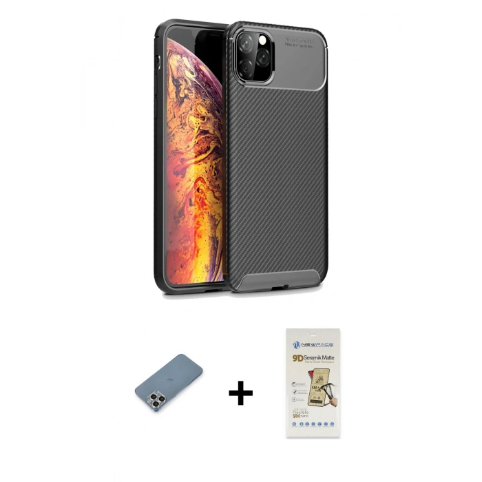 MARSİLYAN™- iPhone 11 Pro Max Kılıf Eksen Form Prime - Siyah Mat Seramik Nano Ekran Koruyucu + Metal Kamera Lens Koruma Cam - GS