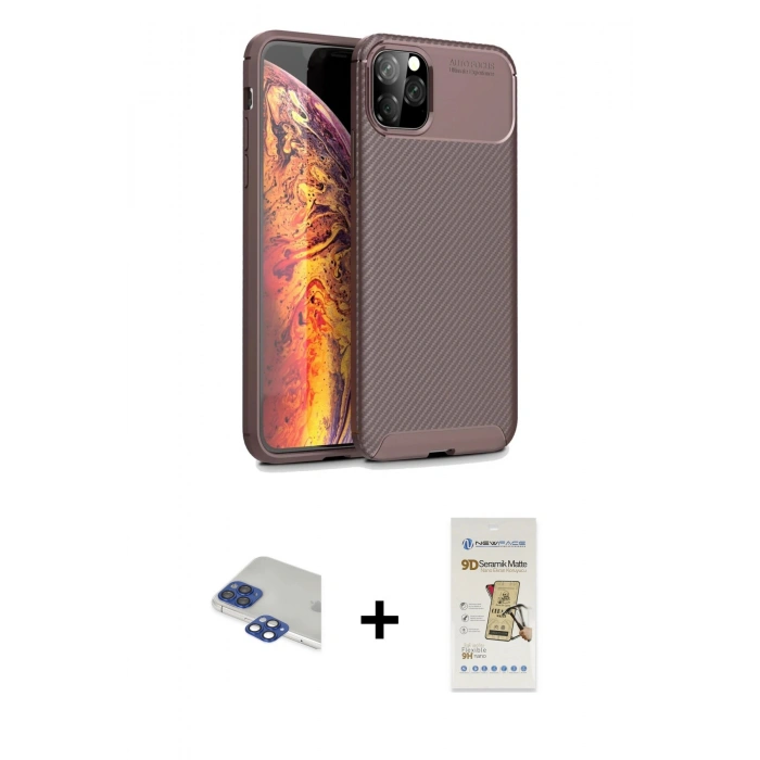 MARSİLYAN™- iPhone 11 Pro Max Kılıf Eksen Form Prime - Siyah Mat Seramik Nano Ekran Koruyucu + Pers Alüminyum Kamera Lens - LT