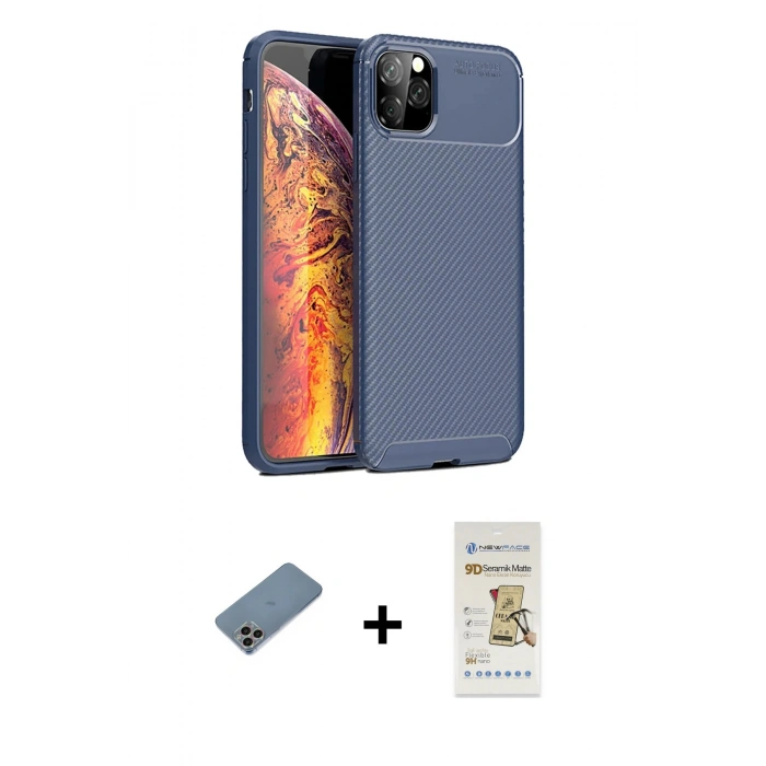MARSİLYAN™- iPhone 11 Pro Max Kılıf Eksen Form Prime - Siyah Mat Seramik Nano Ekran Koruyucu + Shine Kamera Lens Koruma Cam - GI